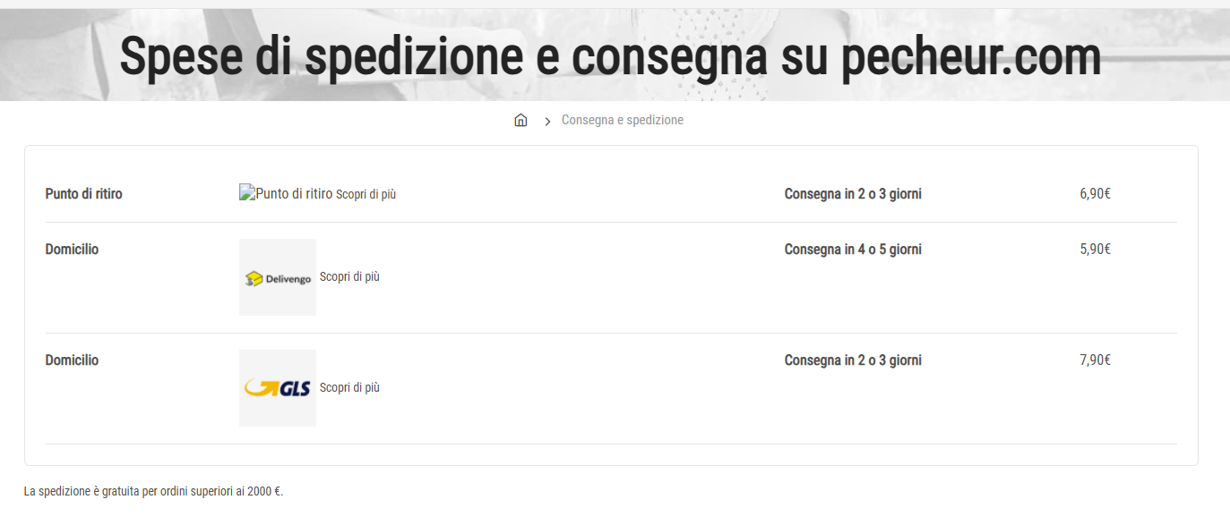 Pecheur.com shipping options to Italy: pickup point €6.90, Delivergo home €5.90, GLS home €7.90, free shipping over €2,000