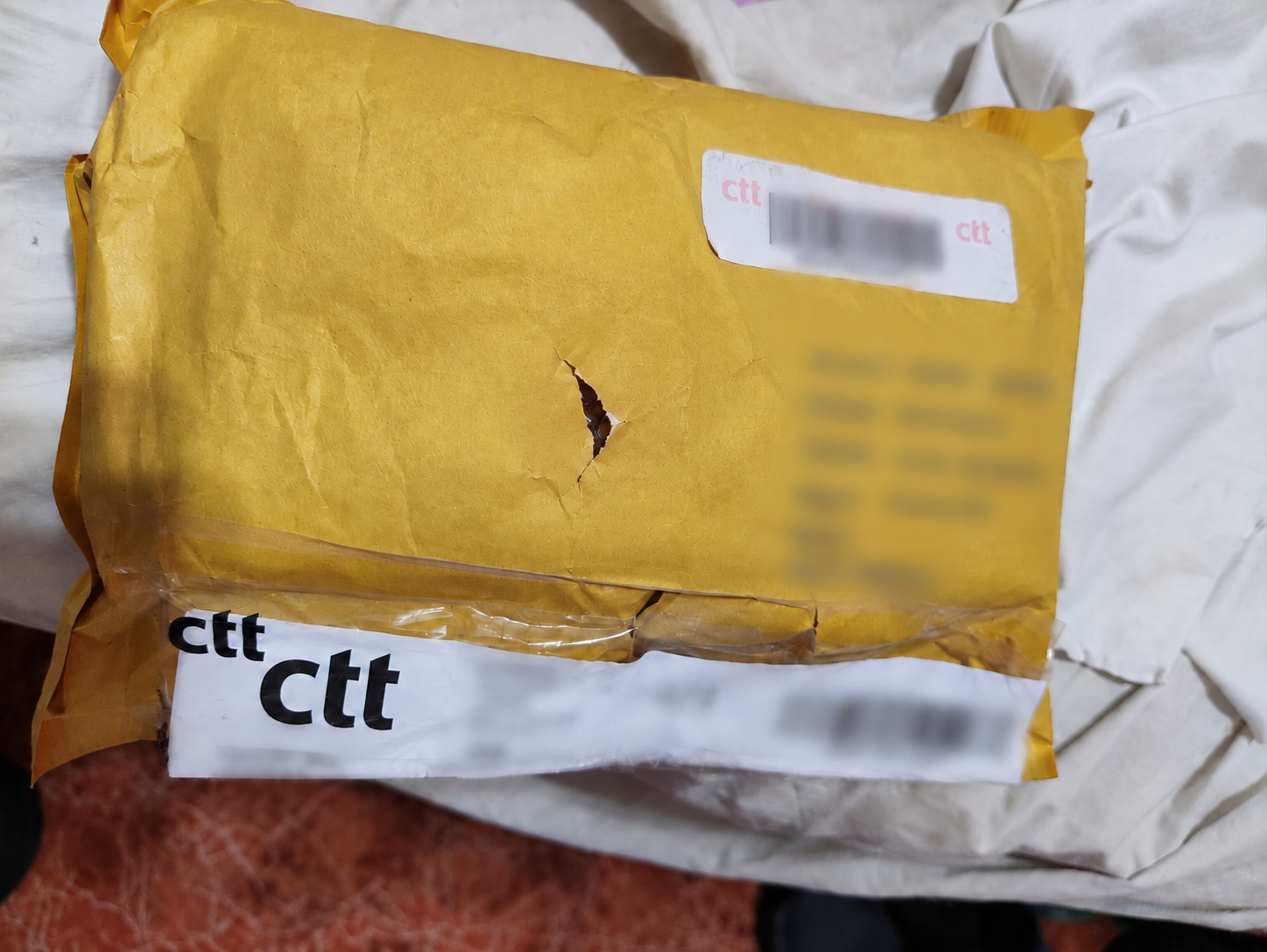 The CTT parcel from Ajing Store as it arrived in Italy, with a torn outer mailer