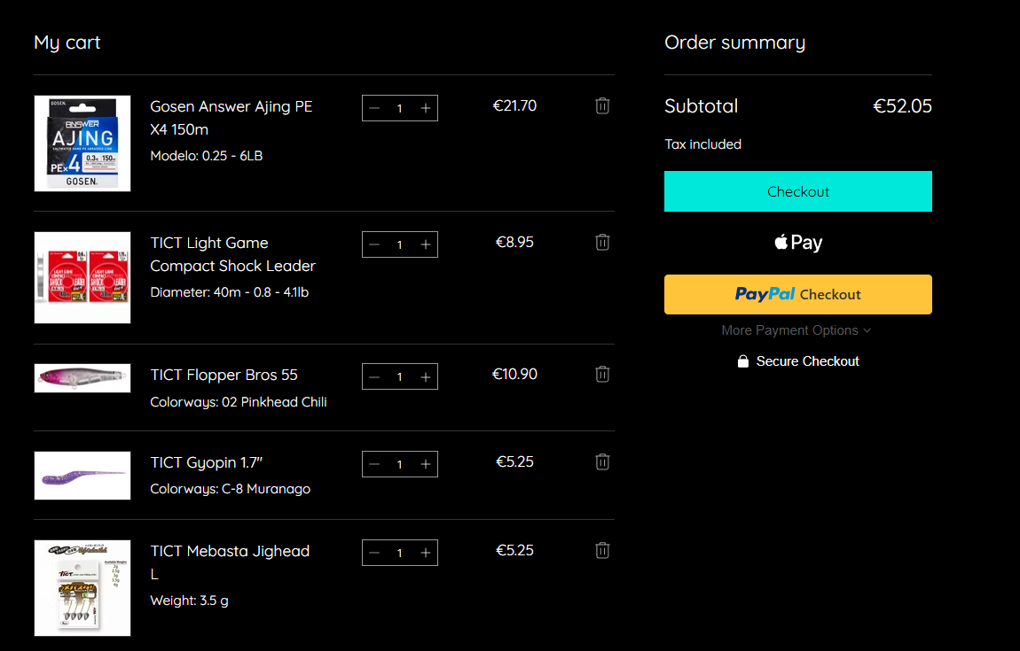 Ajing Store shopping cart showing five TICT and Gosen items for light spinning and light rock fishing