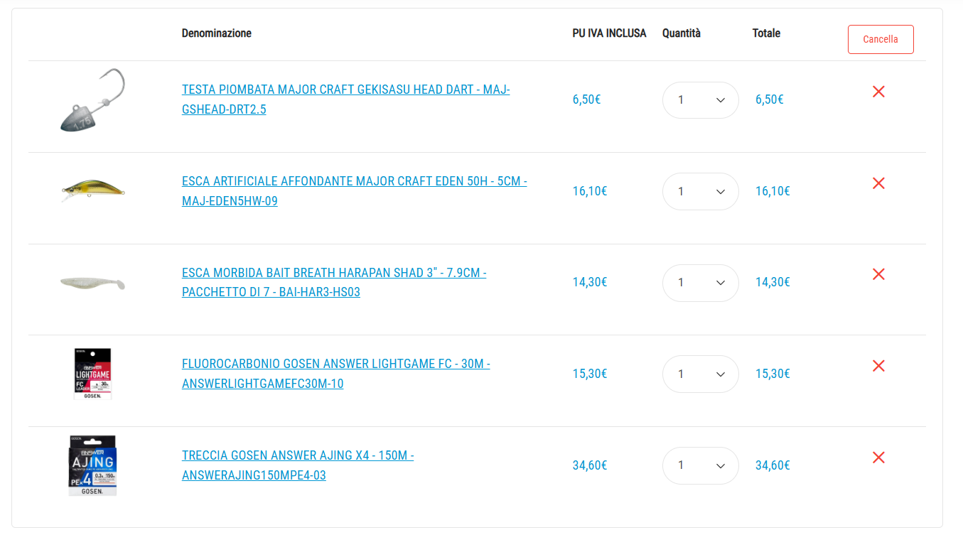 Pecheur.com basket with the five light rock fishing items and their prices