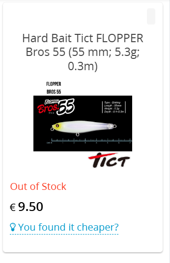 TICT Flopper Bros 55 hard bait listed at 9.50 euro and marked Out of Stock on voblery.eu