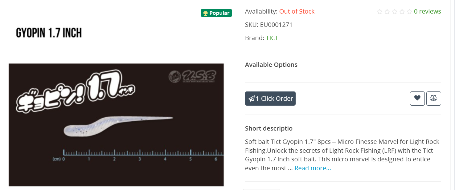 TICT Gyopin 1.7 inch soft bait product page on voblery.eu flagged as Popular but marked Out of Stock